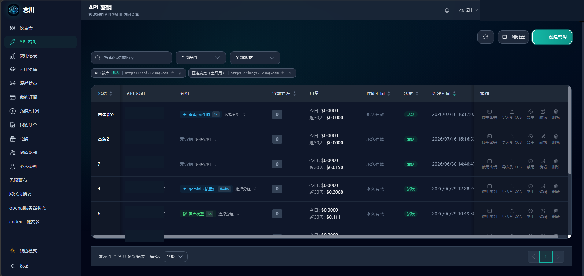 忘川中转站 API 密钥页面
